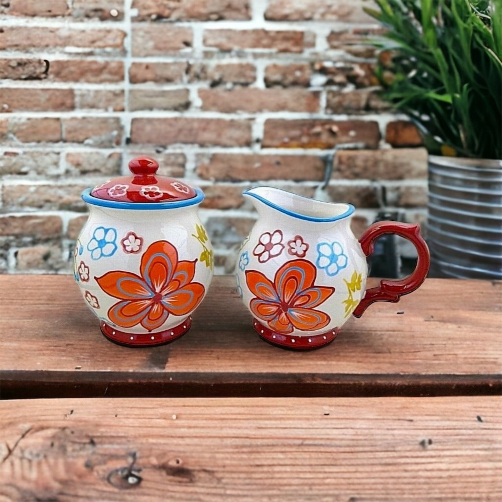 Dutch Wax Coastline Imports Hand Painted Bright Floral Lid Sugar & Creamer Set